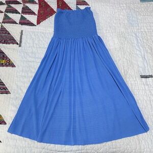 Line and Dot Strapless Smocked Pleated Midi Dress Blue XS